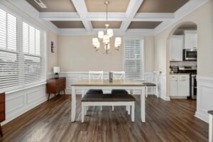 Elegant dining area with minimalist decor and modern furniture.